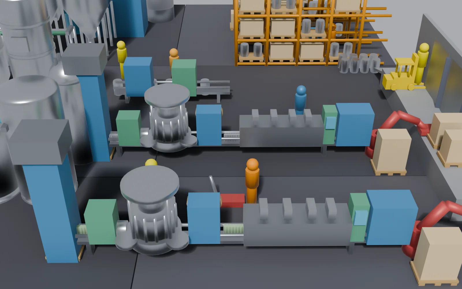 Digital close-up of a model study showing filling machines, conveyors and a packaging area.