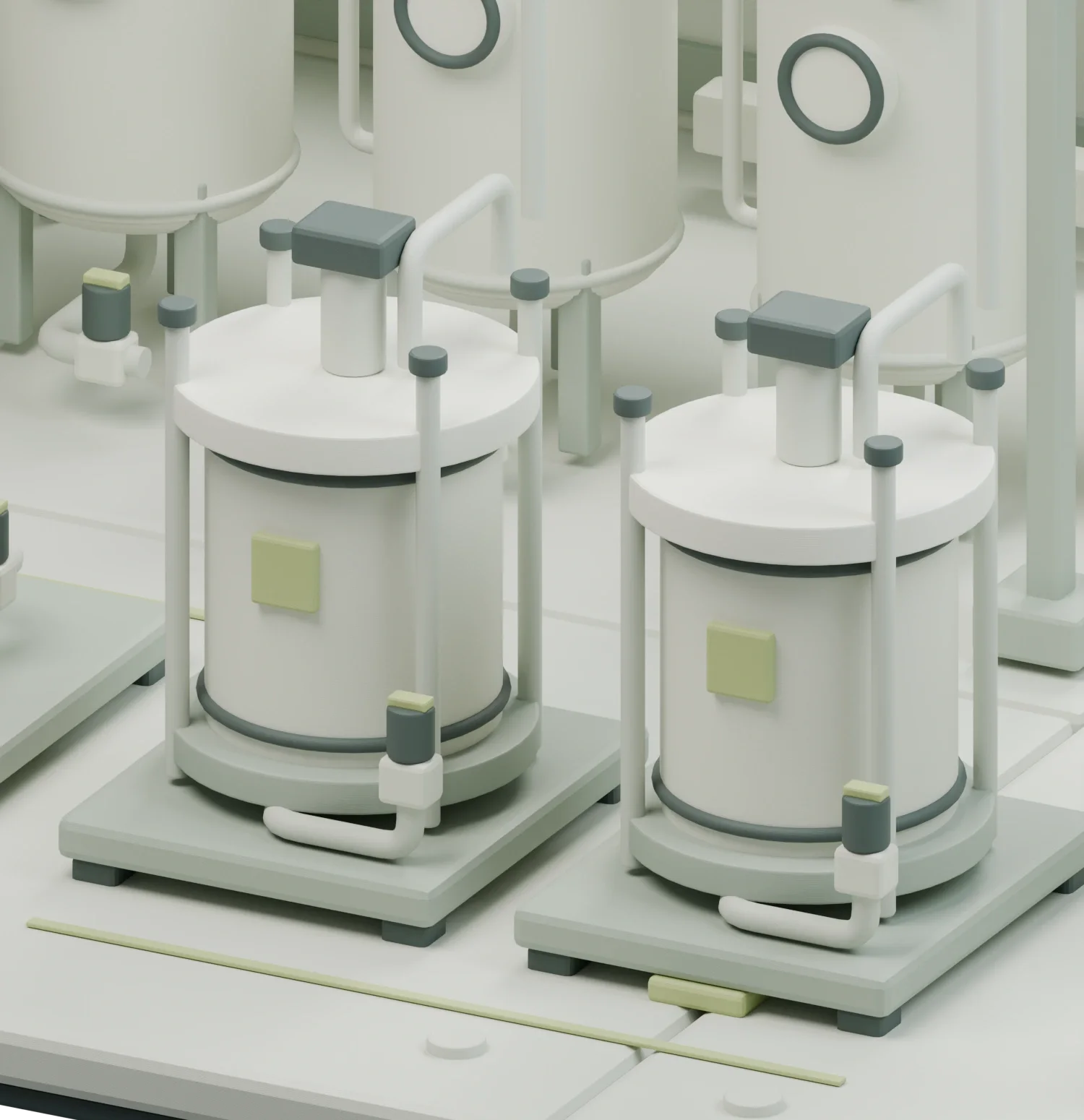 Digital close-up of the original AUREL model study, showing vessels, chromatography columns and assembly joints.
