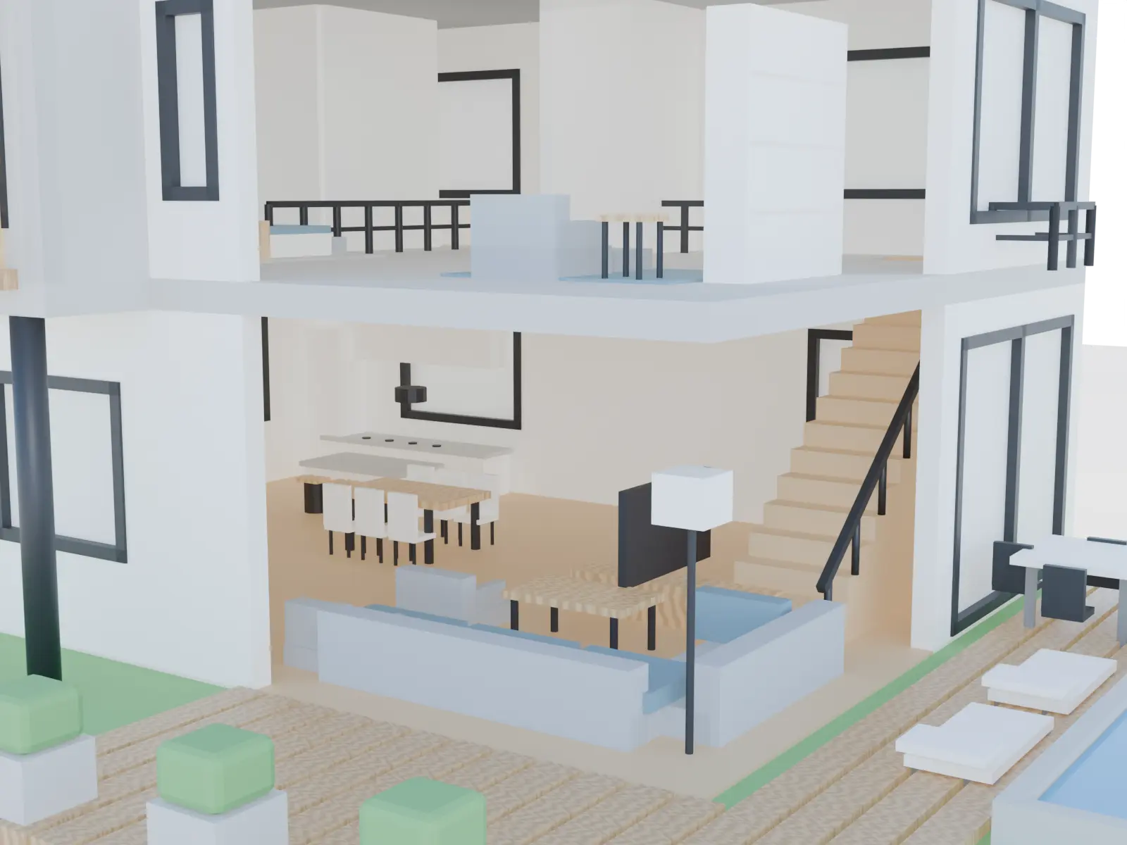Innenansicht der zerlegbaren Villa mit Treppe, Räumen und Möblierung