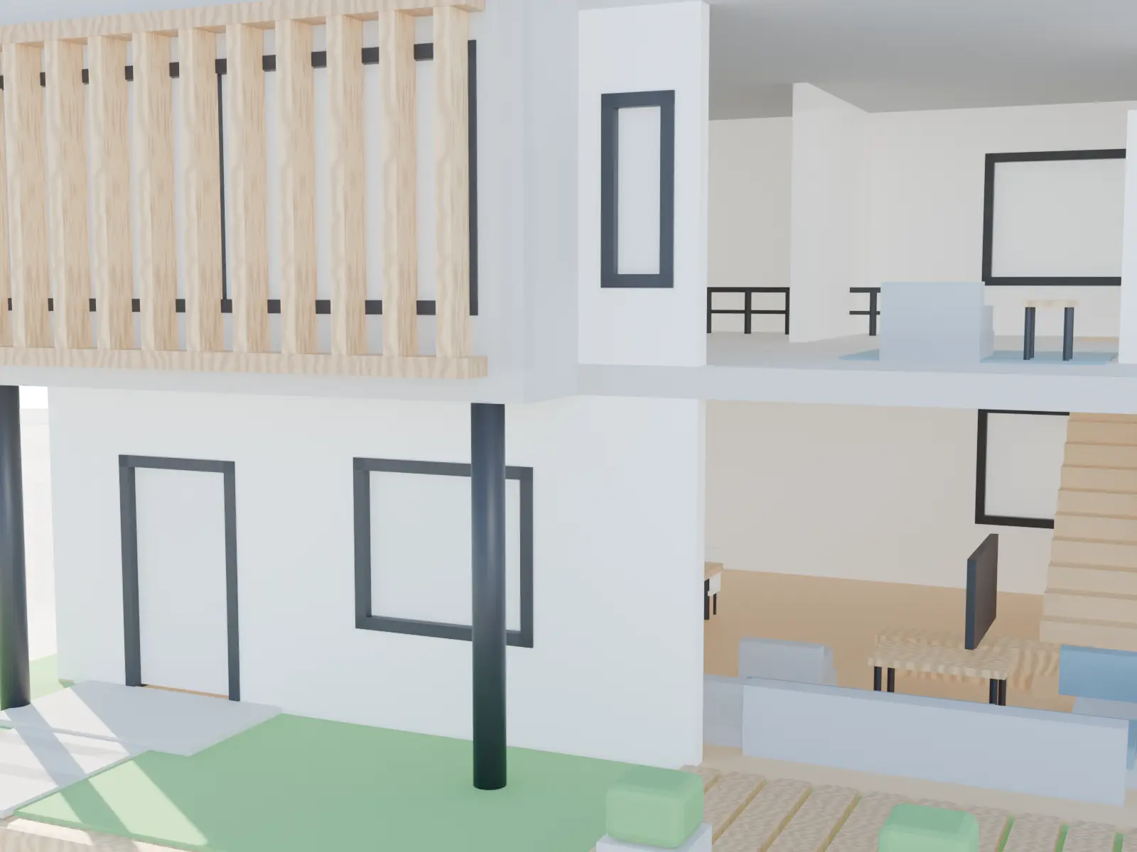 3D-printed house model as a personal gift: facade detail with wood louvres and terrace