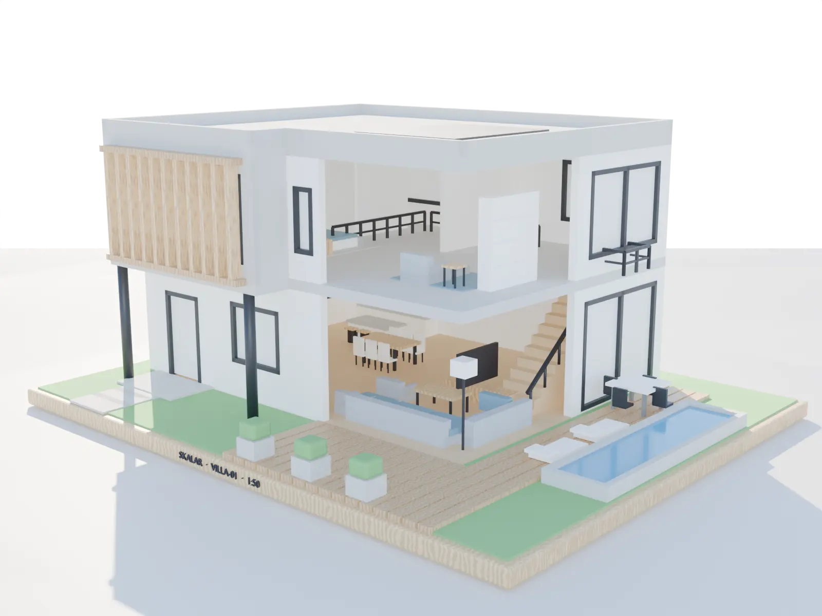3D-gedrucktes Architekturmodell einer modernen Villa mit Pool, auf Holzsockel