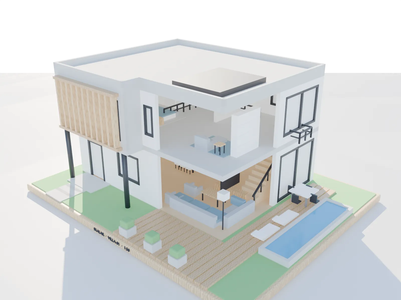 3D-printed architectural model of a modern villa, demountable into ground floor, upper floor and roof